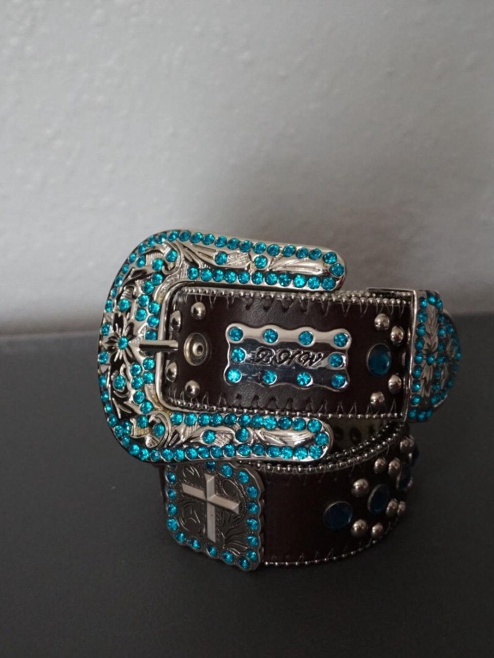 Brown Genuine Leather Belt with Stud Detail